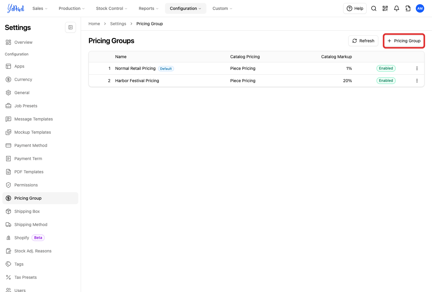 Pricing Group settings with the new group button and existing groups