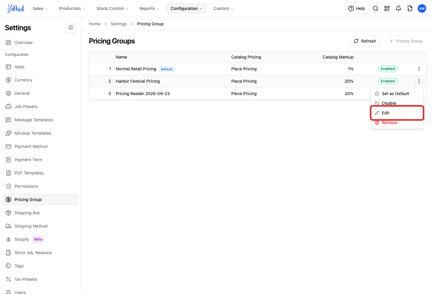 Existing pricing group More actions menu with Edit available
