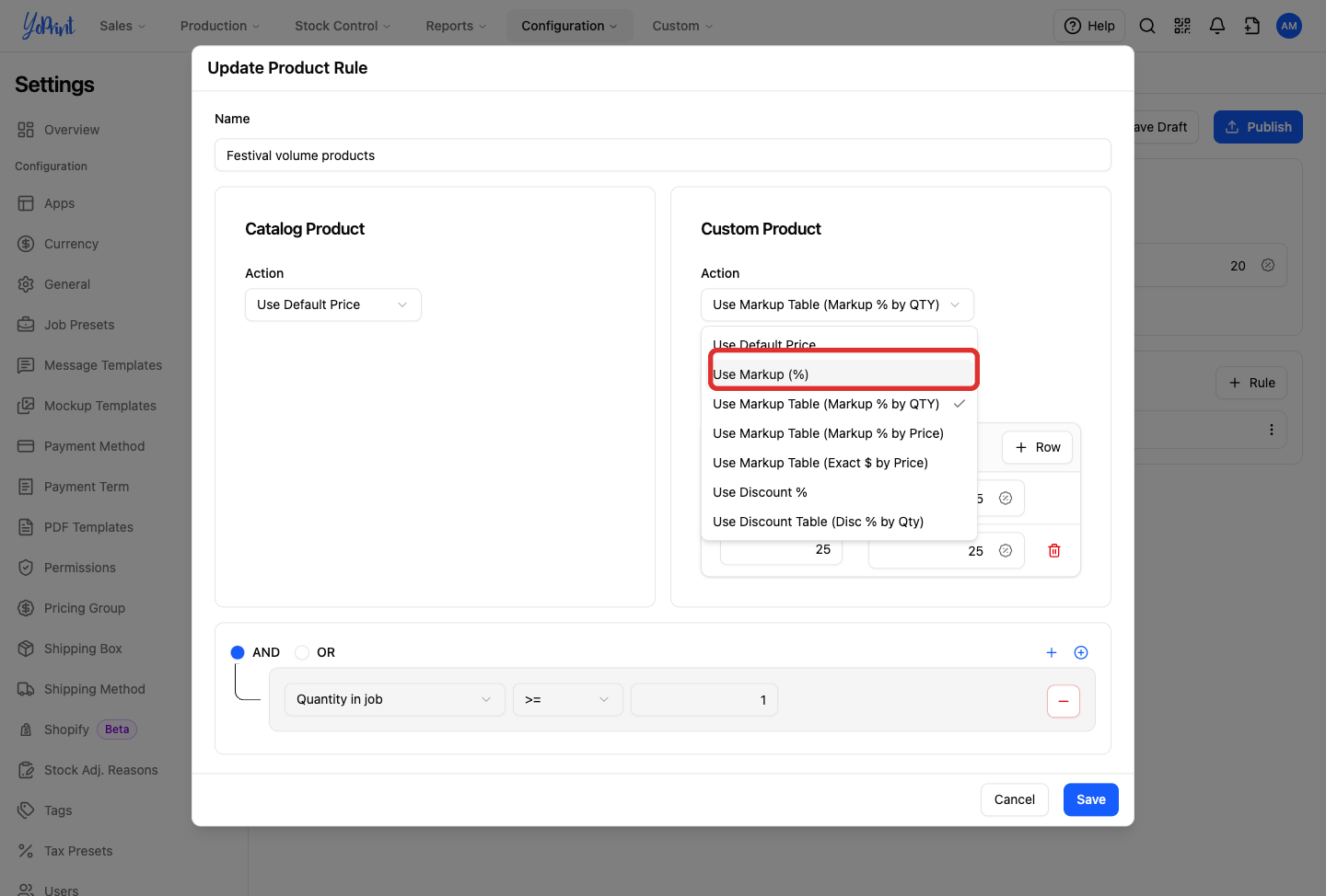Custom Product action menu with Use Markup (%) marked