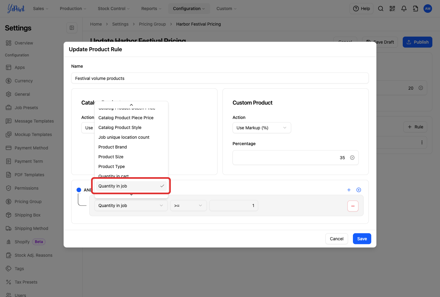 Product condition field menu with Quantity in job selected