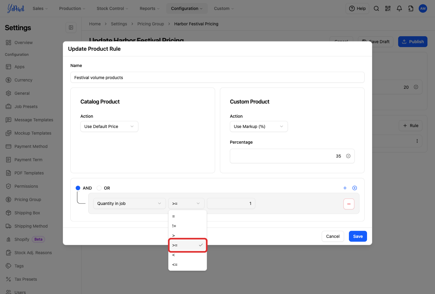 Product condition operator menu with greater than or equal to selected