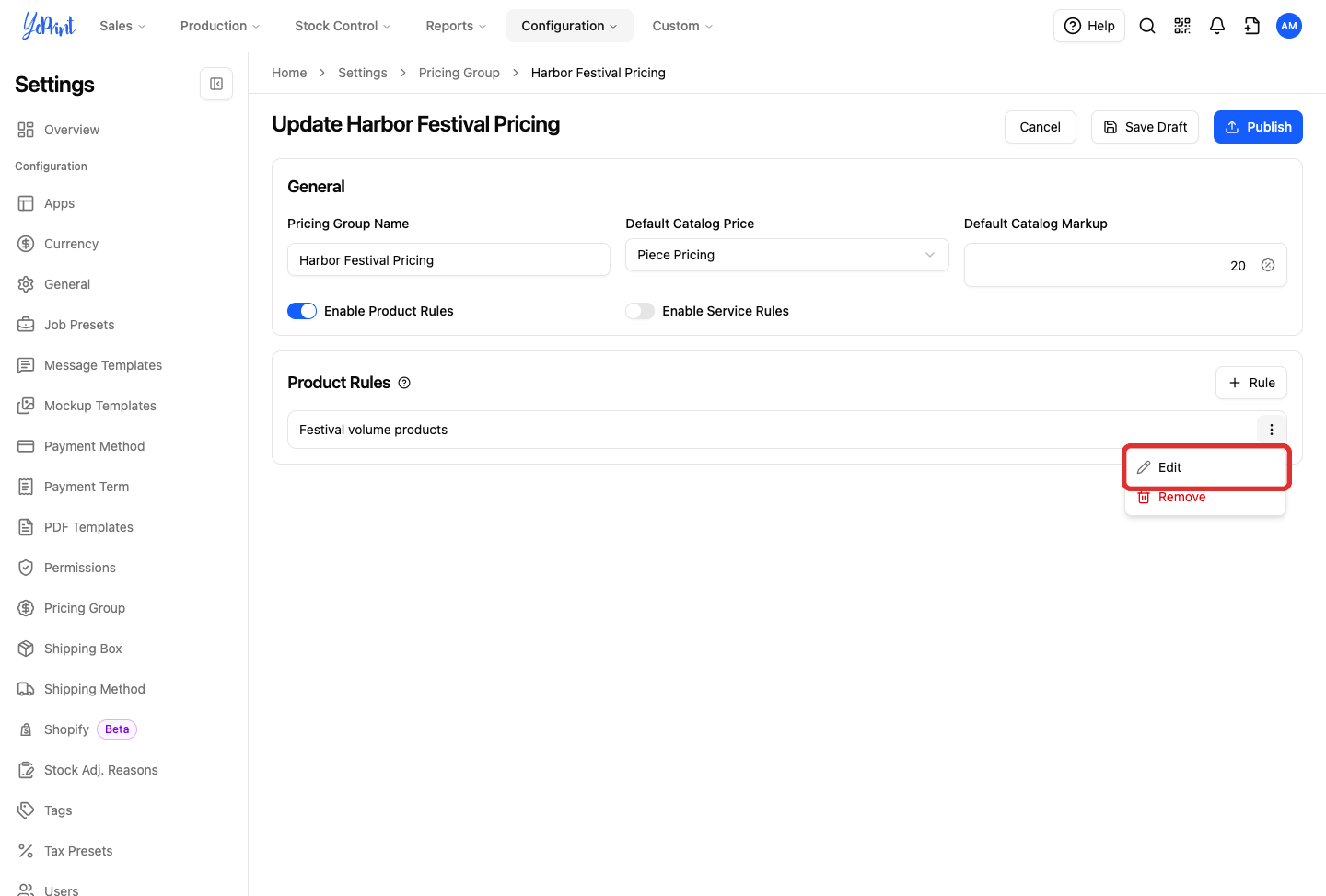 Product rule More actions menu with Edit available