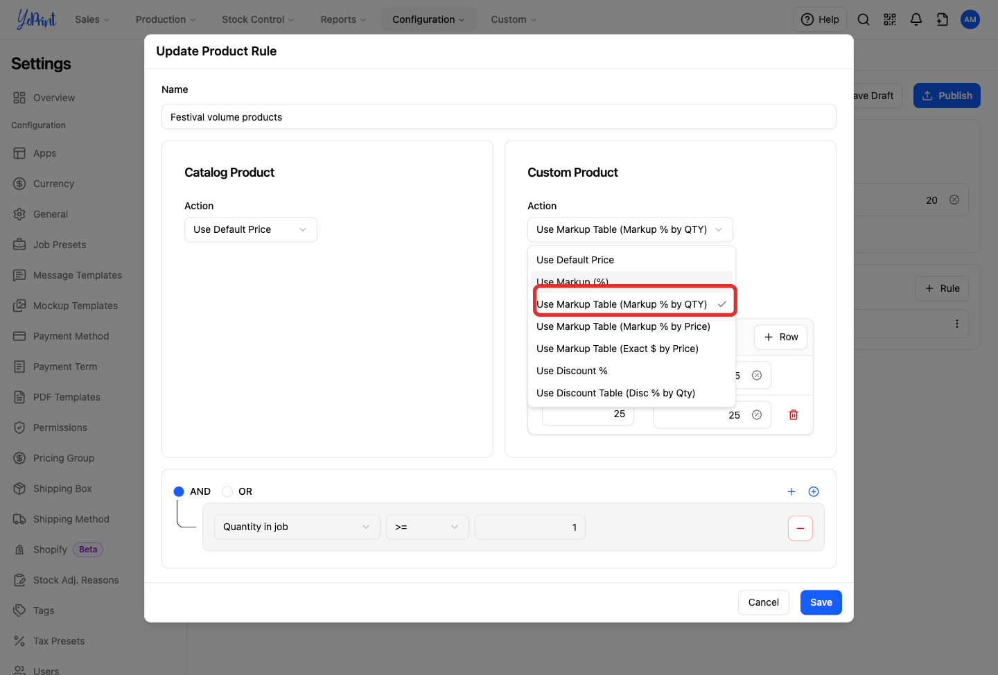 Custom Product action menu with Use Markup Table (Markup % by QTY) marked