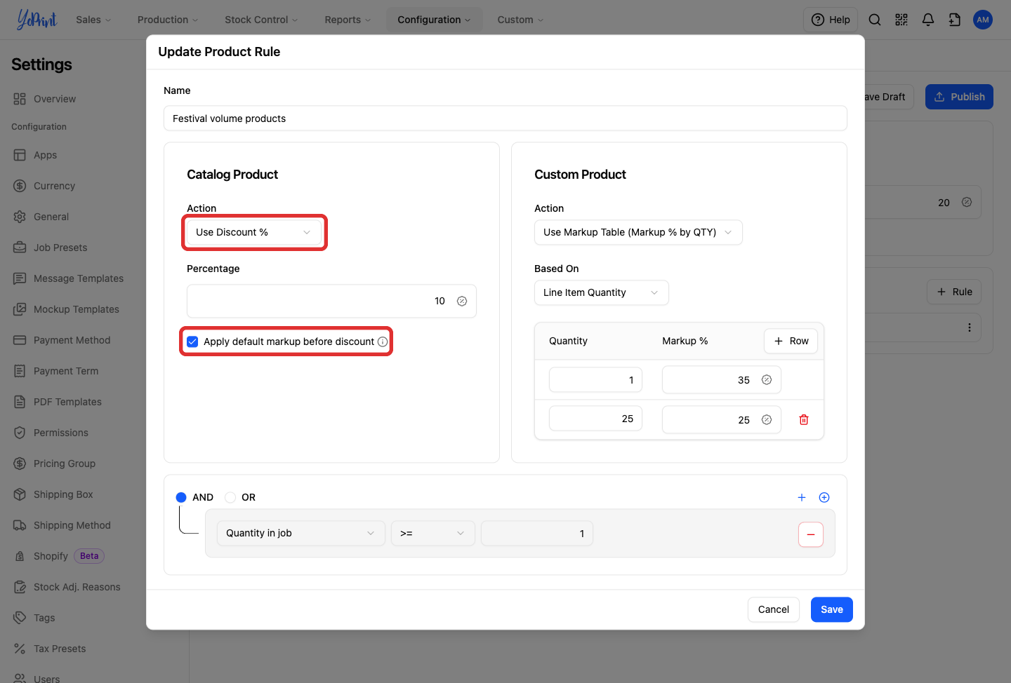 Catalog discount percentage and Apply default markup before discount checkbox