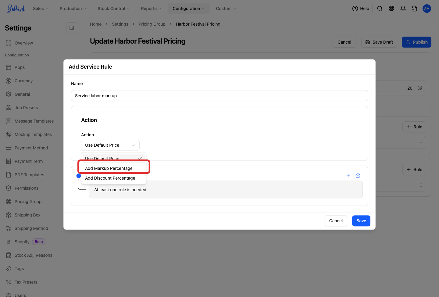 Service Action menu with default price, markup and discount choices