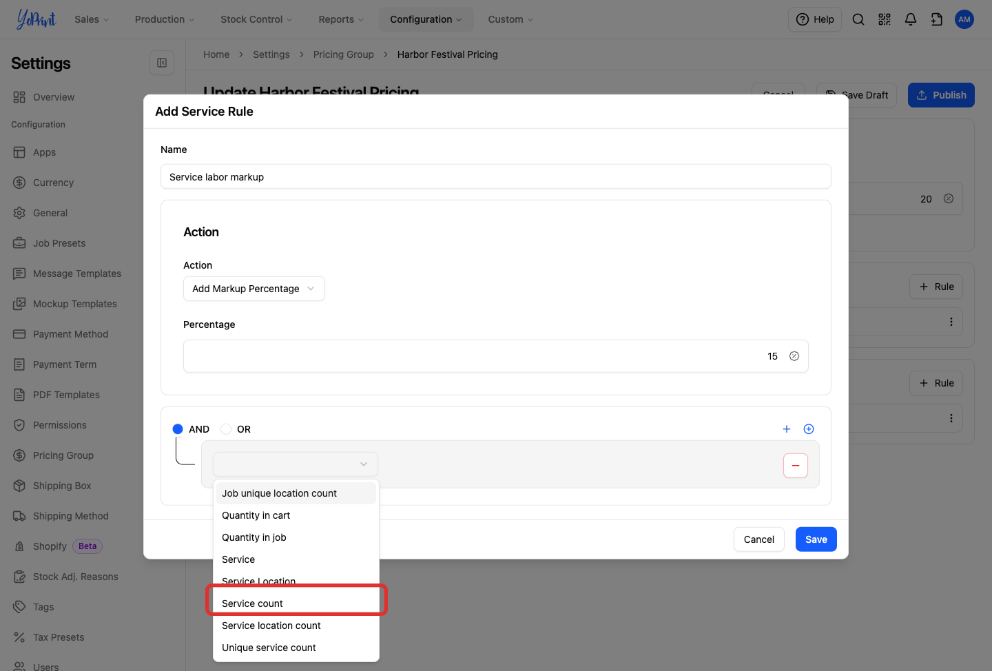 Service condition field menu with Service count available