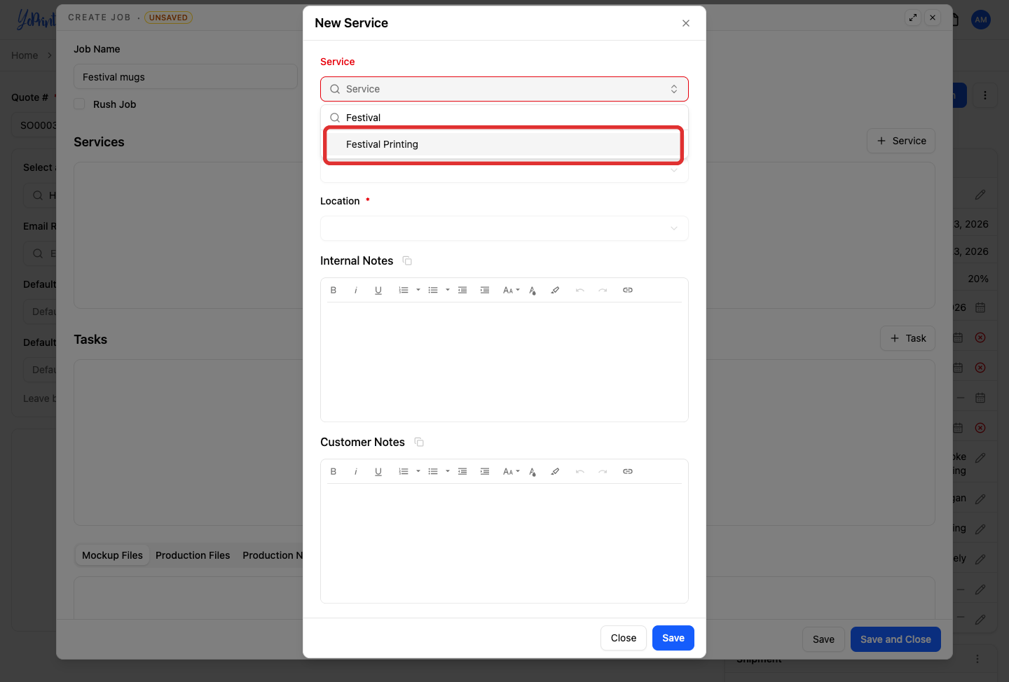New Service menu with Festival Printing in the search results