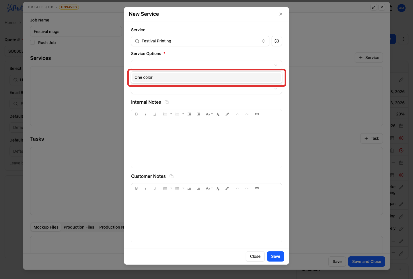 Service Options menu with One color available