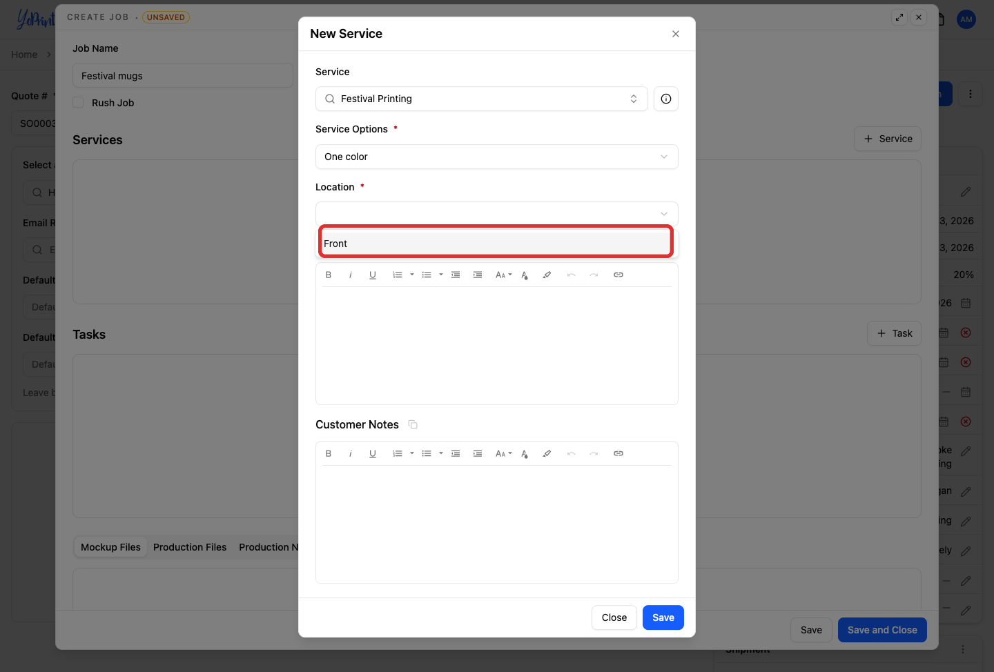 Service Location menu with Front available
