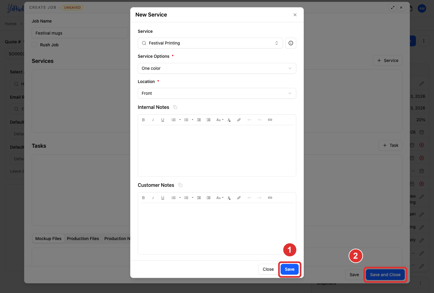 Filled New Service dialog with Save and the job's Save and Close buttons