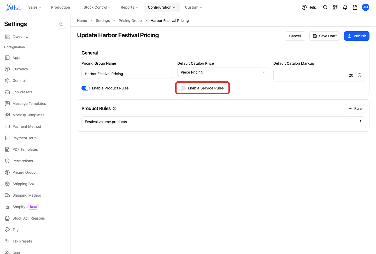 Pricing group with Product Rules enabled and Service Rules disabled