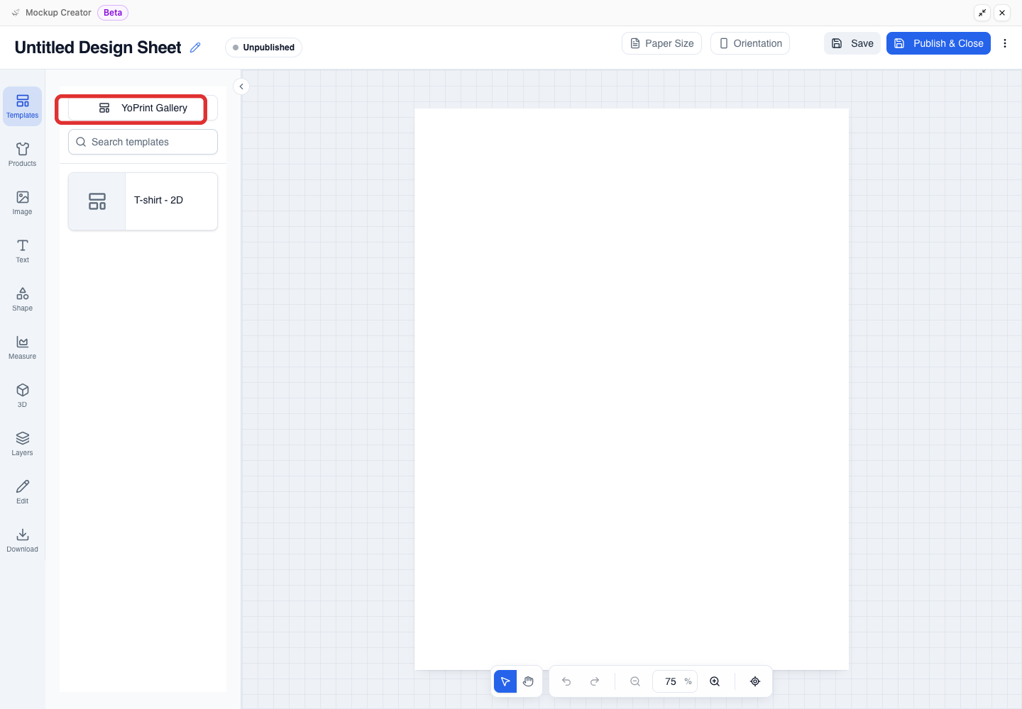 YoPrint Gallery in the Templates panel