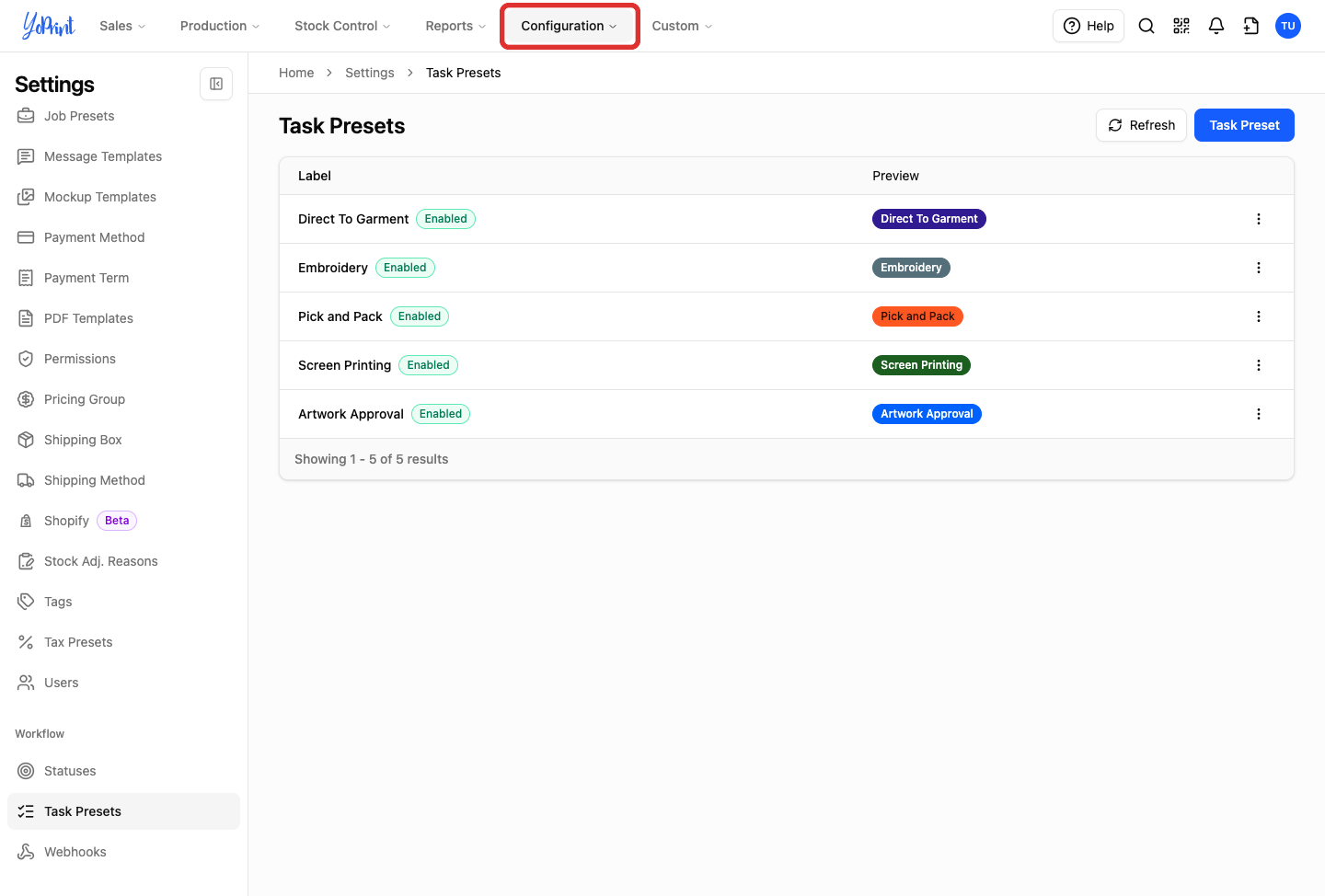 Configuration in the top navigation