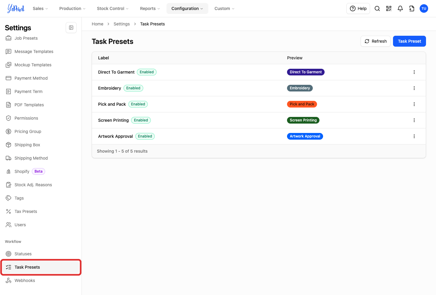 Task Presets under Workflow
