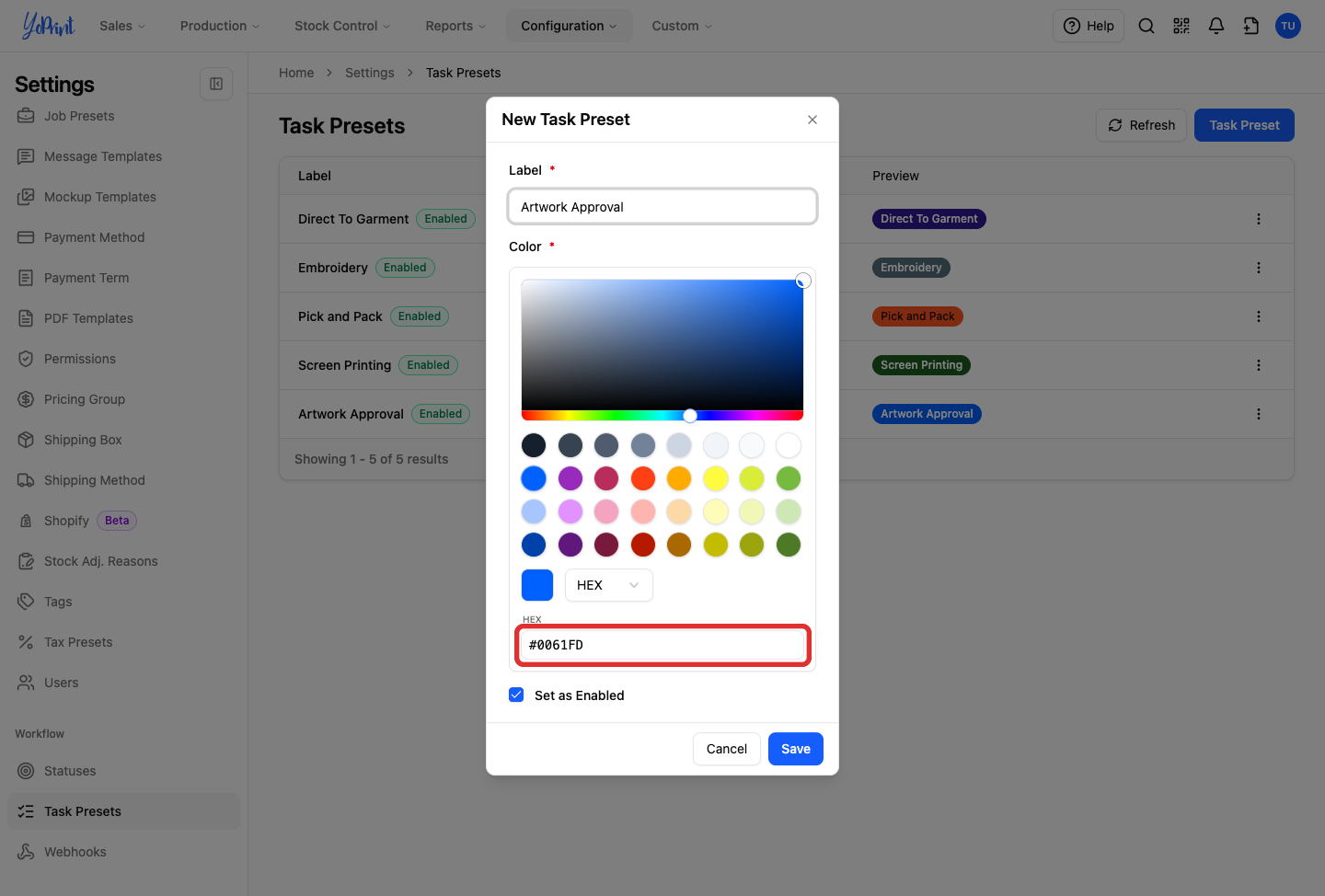 Color field on the new task preset