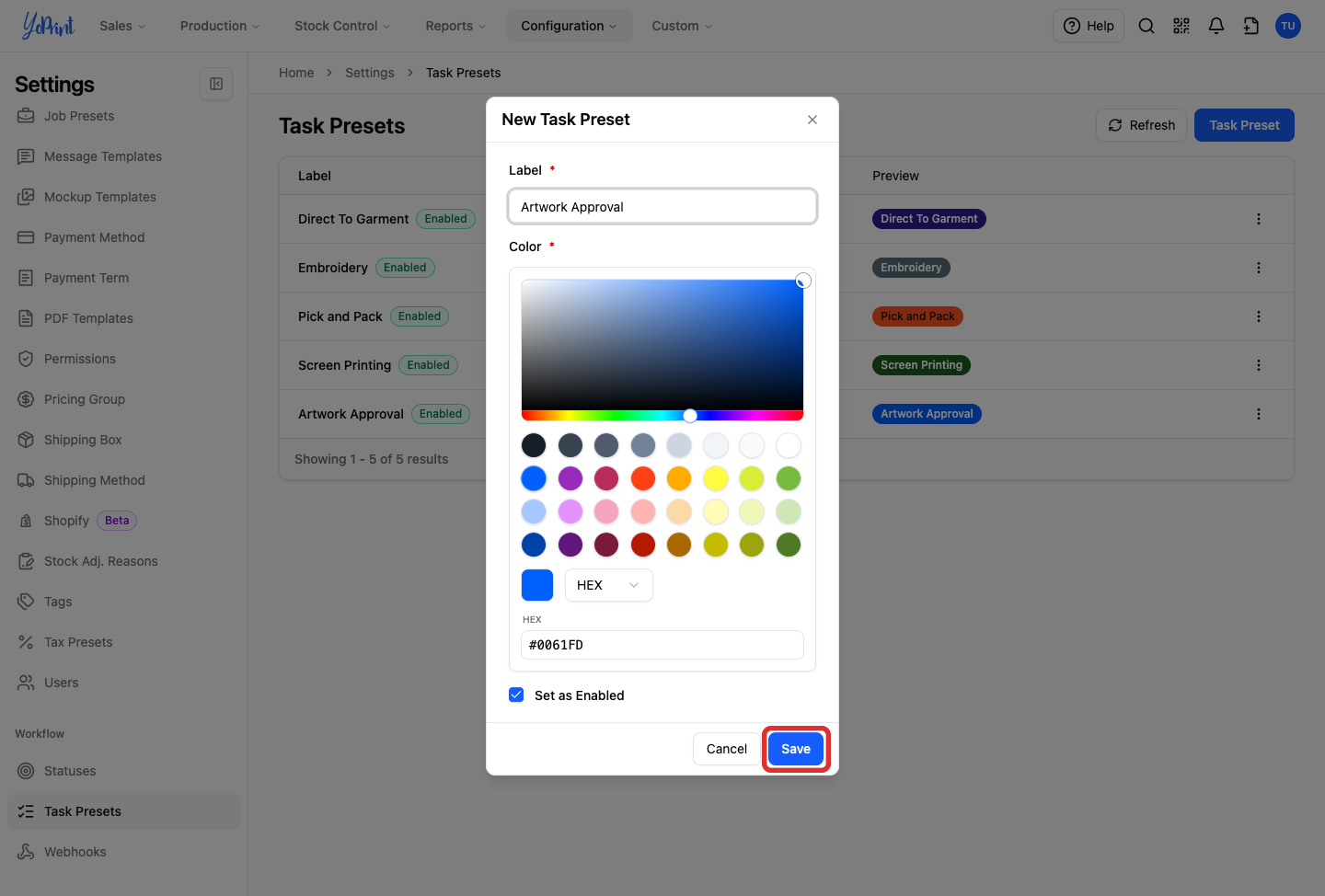 Save on the new task preset form