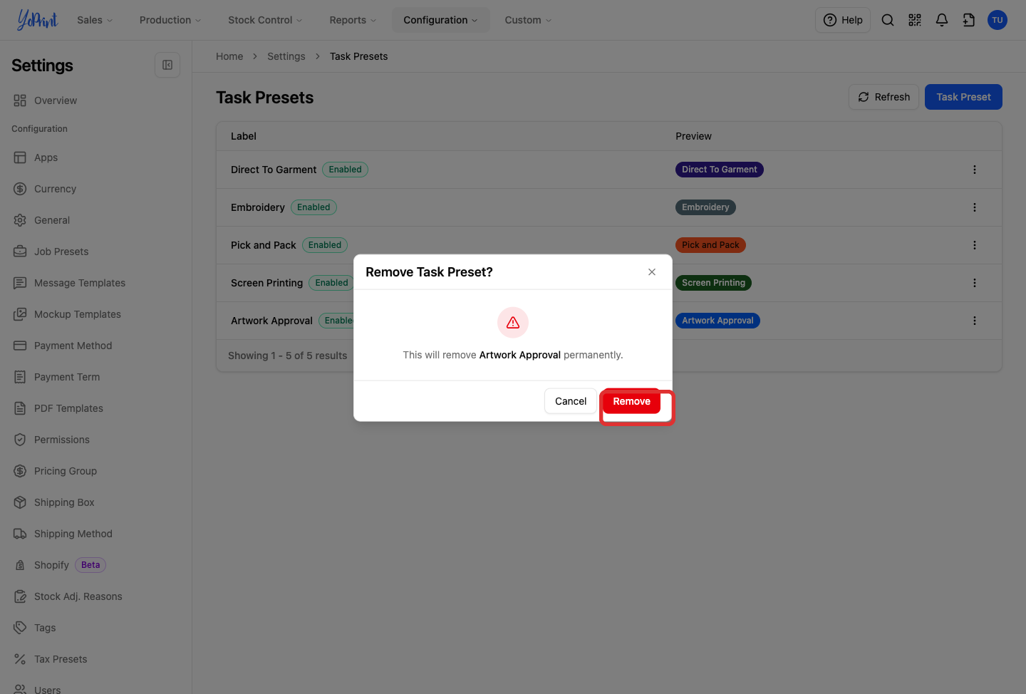 Remove Task Preset confirmation