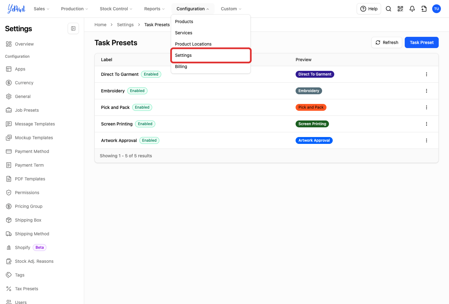 Settings in the Configuration menu