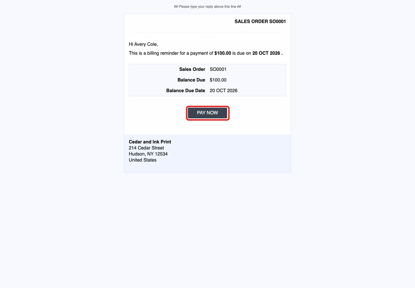 Pay Now in the payment email