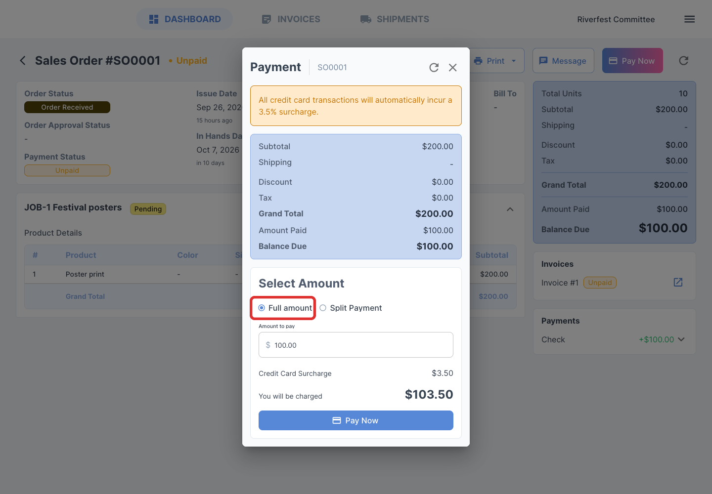 Full amount in the payment window