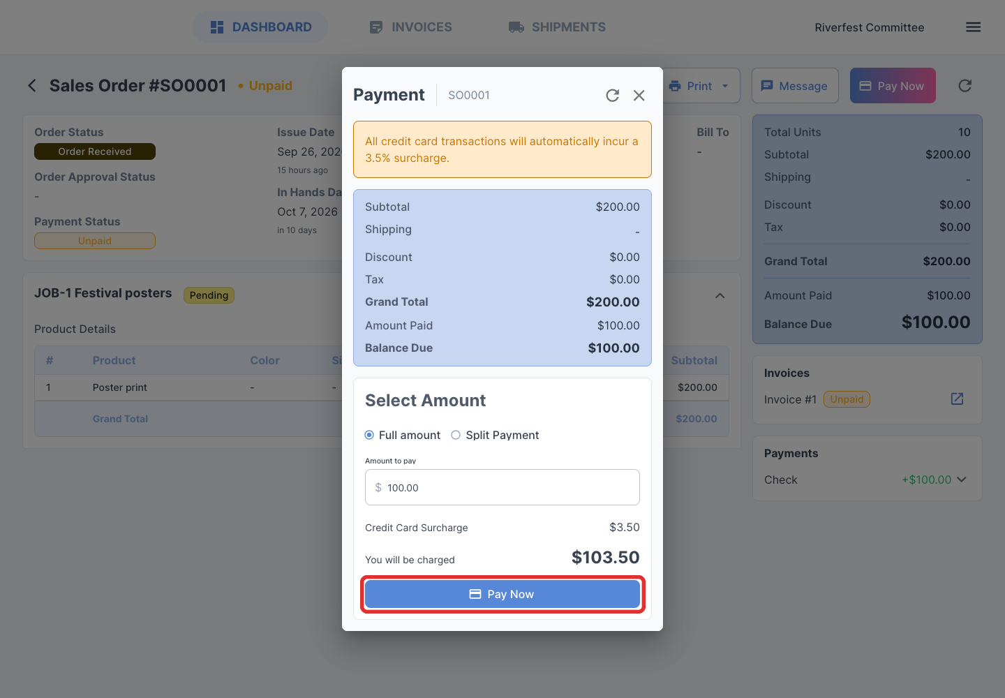 Pay Now in the payment window