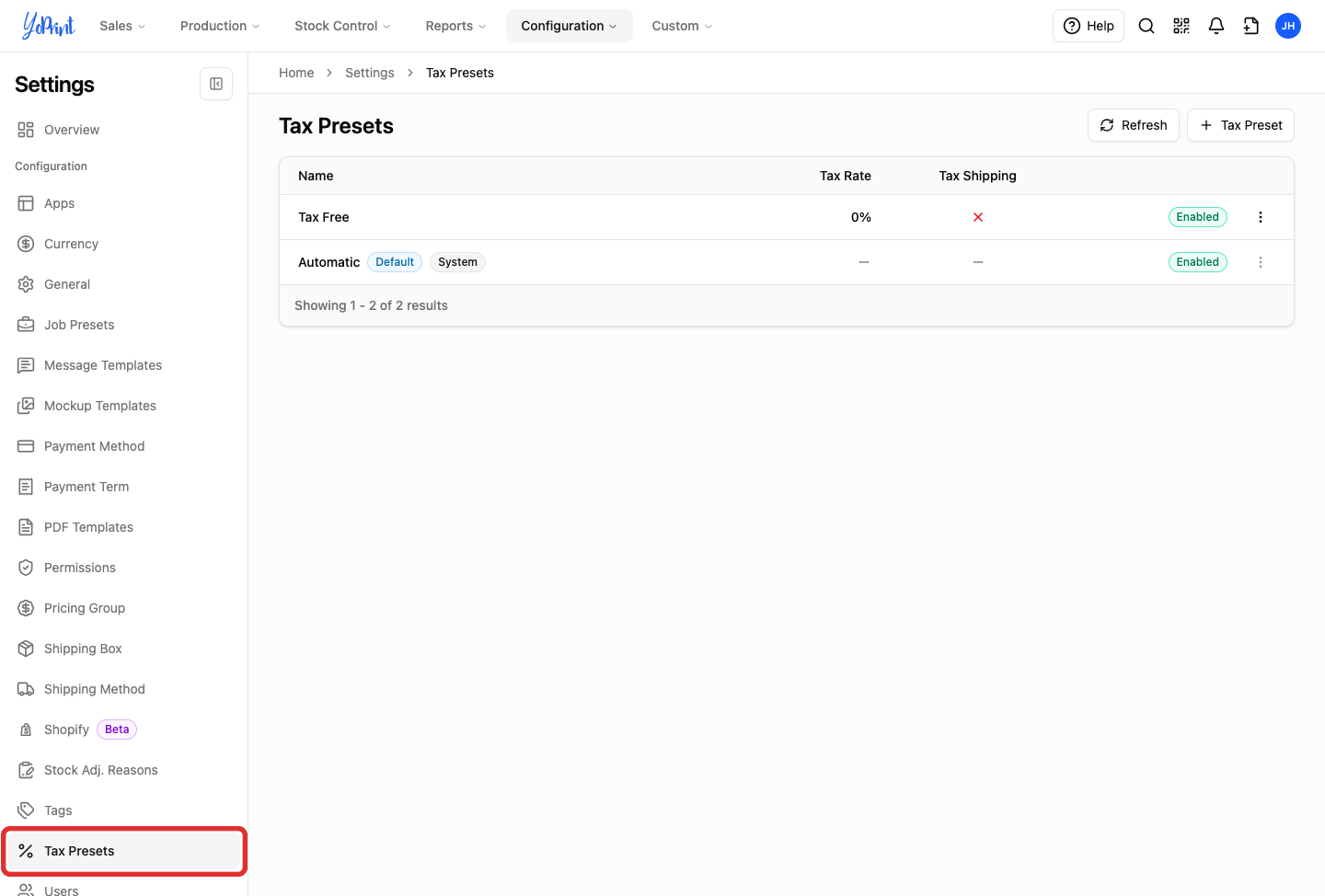 Tax Presets in the settings sidebar