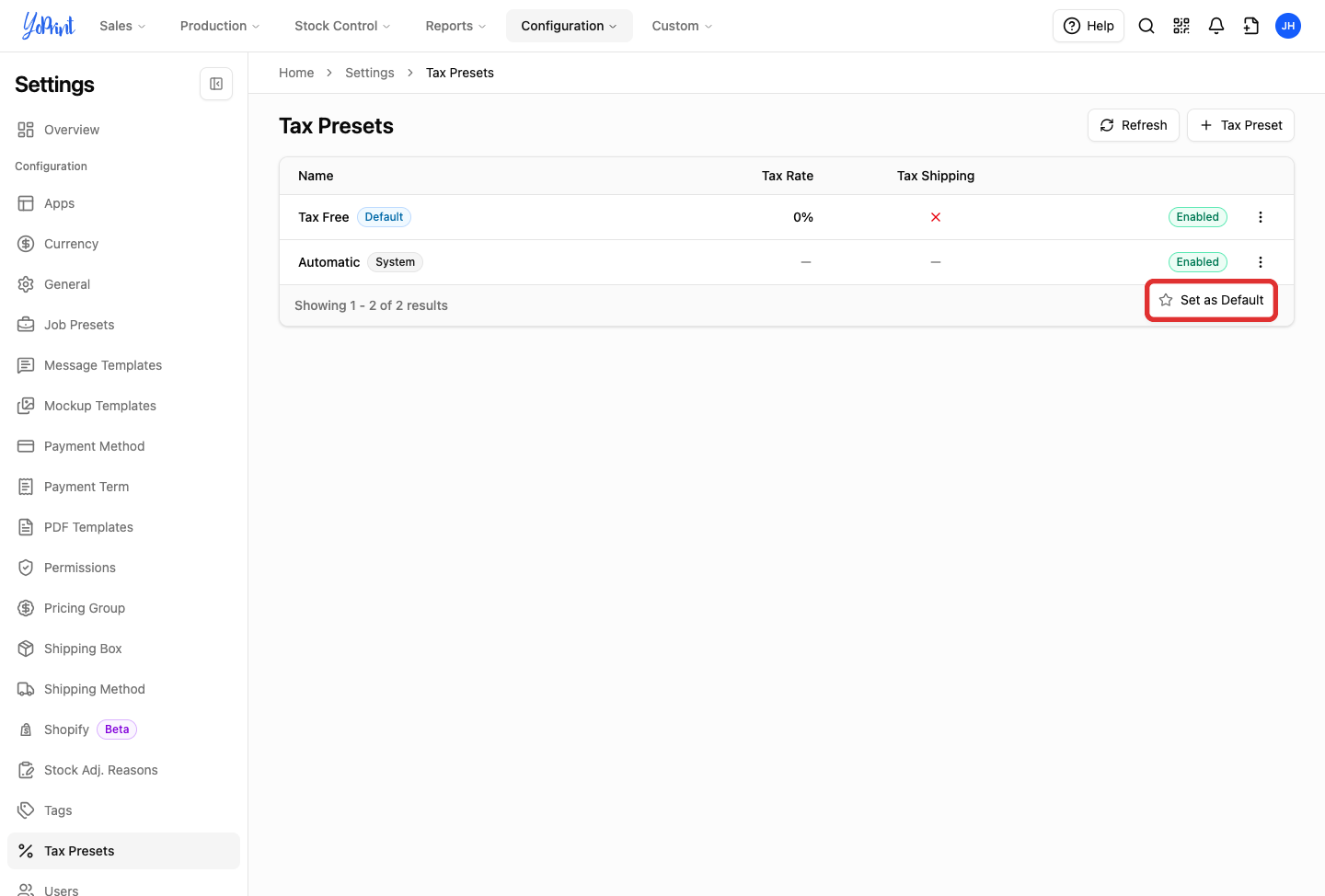 Set as Default on the Automatic row