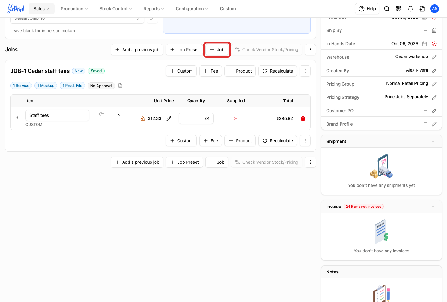 Job button with plus icon on the order