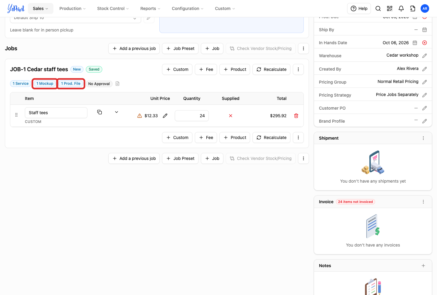 Mockup and production file counts on the job