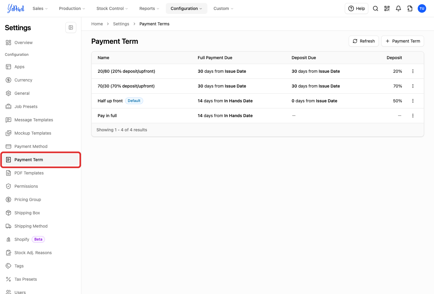 Payment Term in the settings sidebar