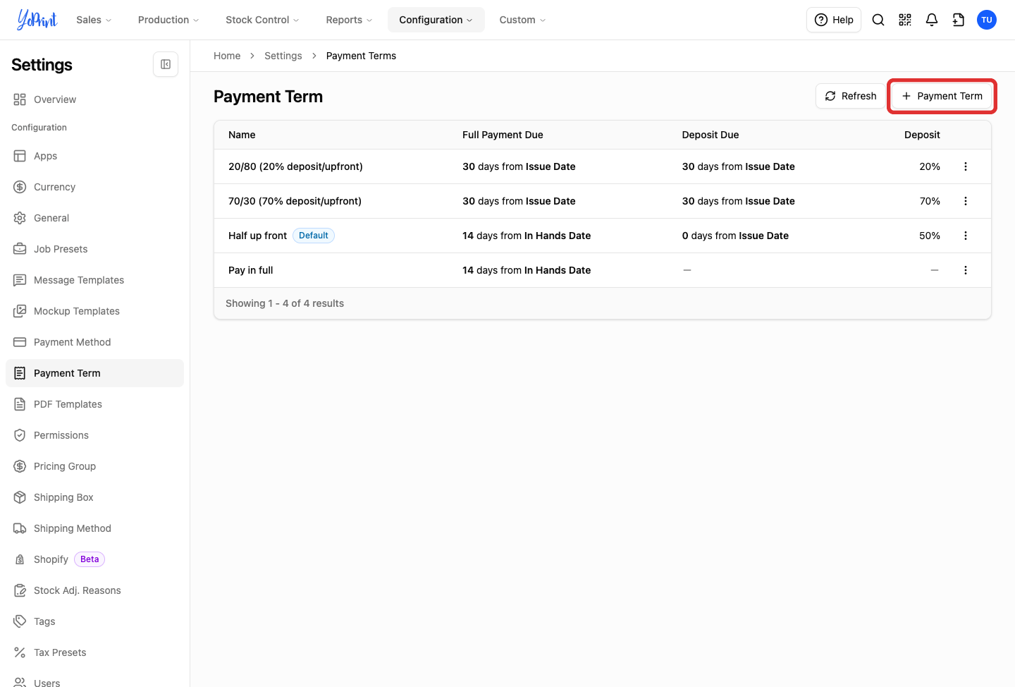 The Payment Term button