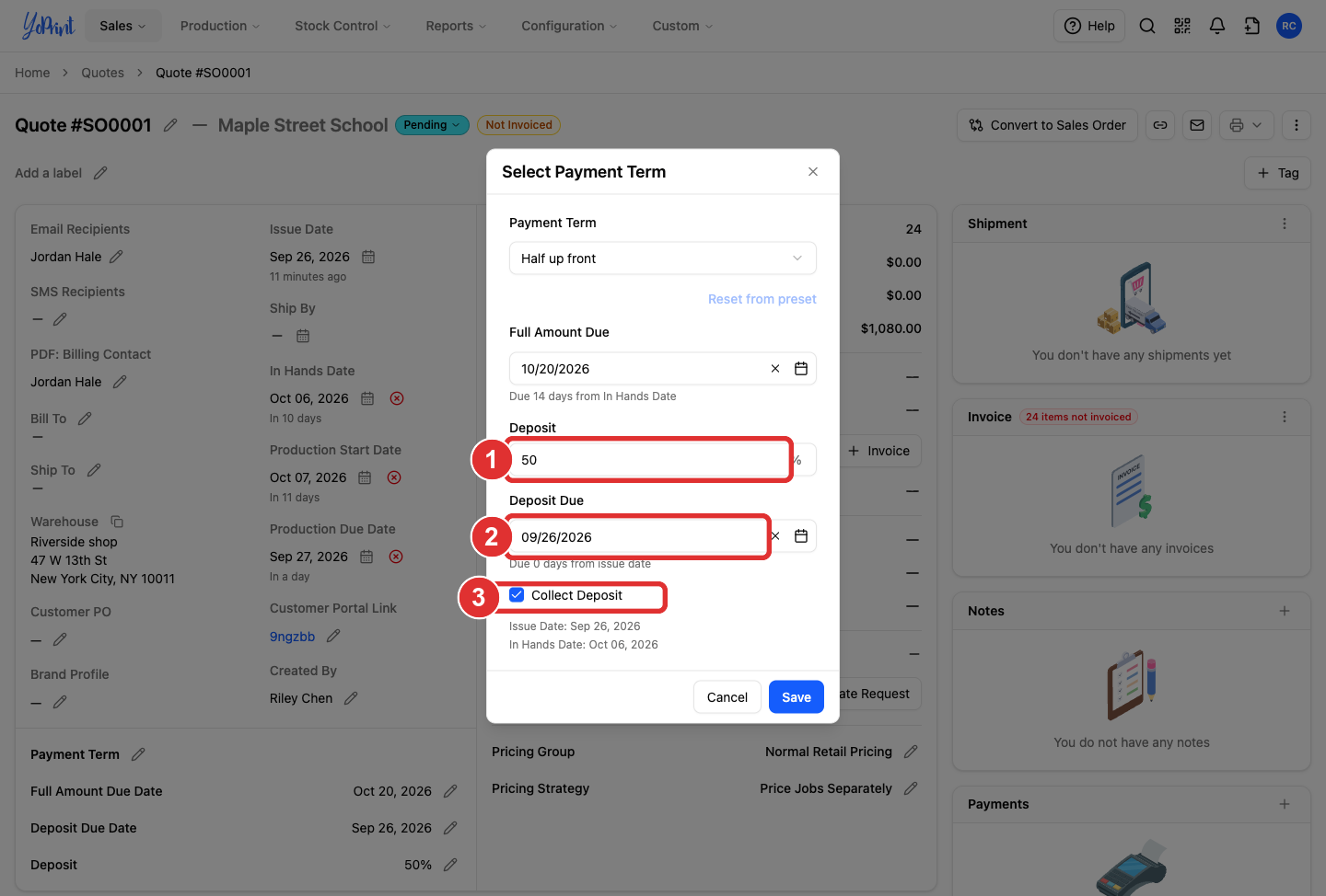 Deposit percentage, deposit due date, and Collect Deposit