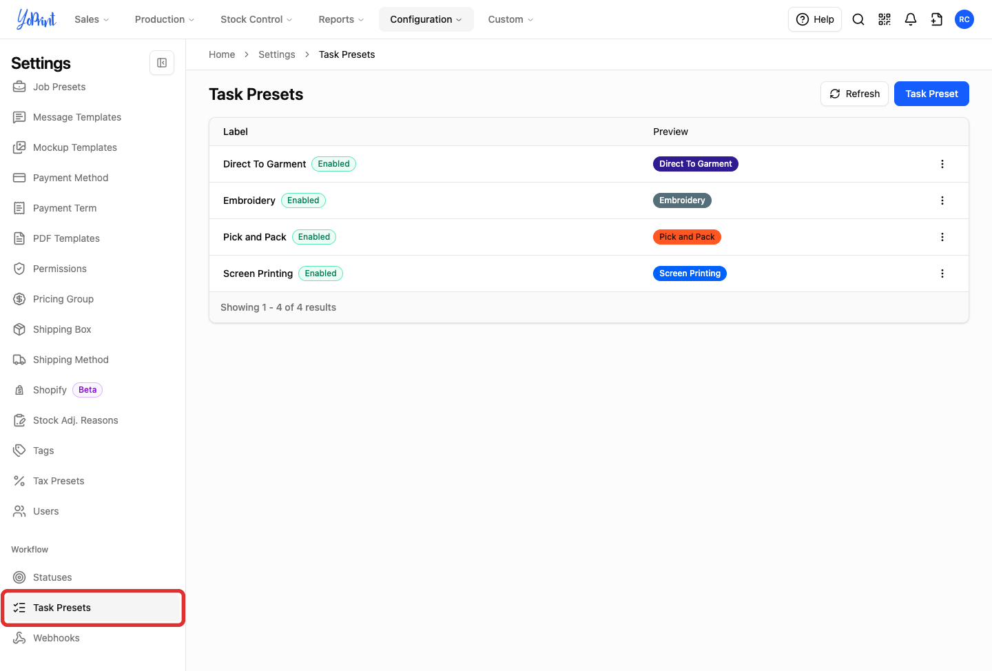 Task Presets in the settings sidebar, with the link highlighted