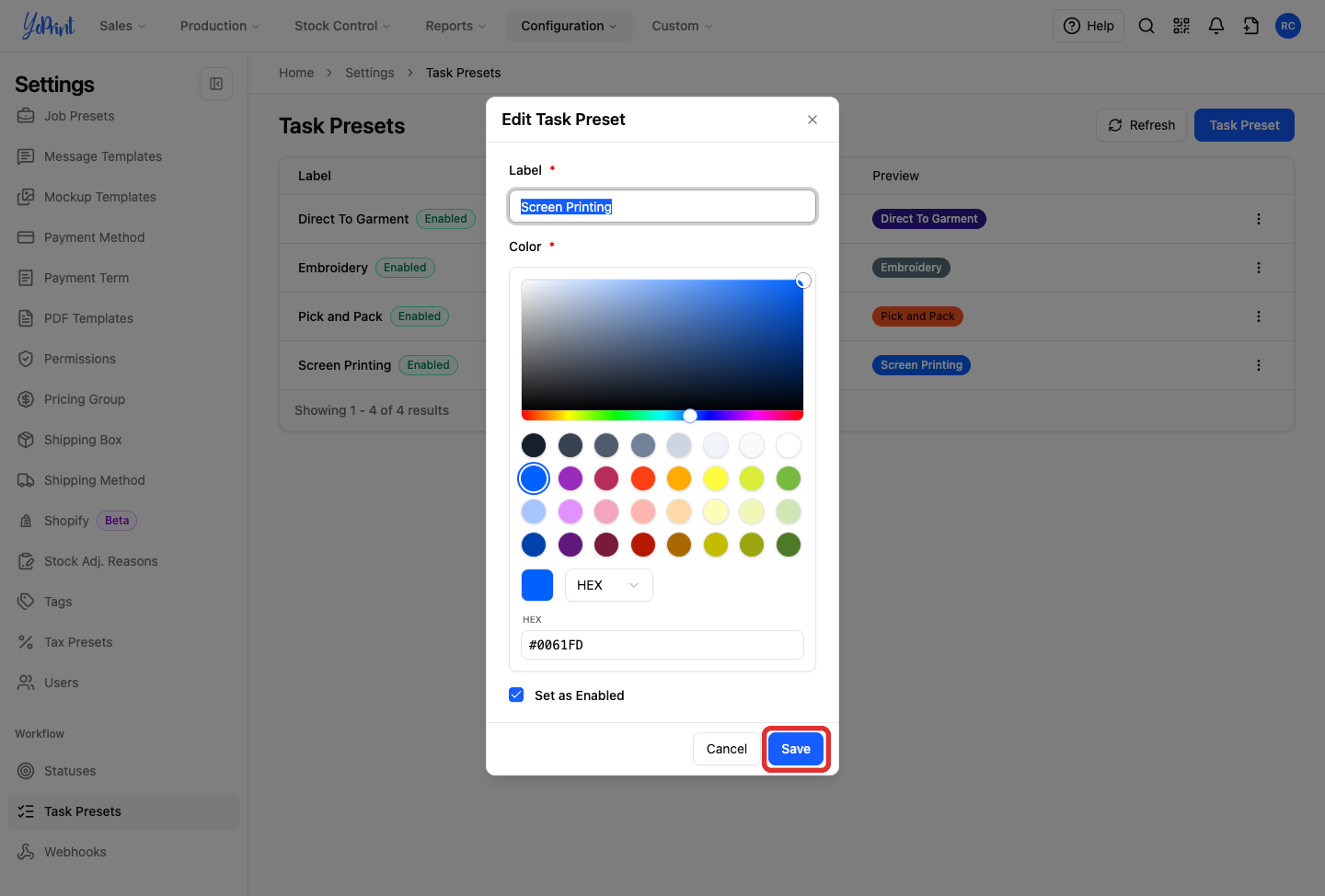 Save highlighted on the preset color form