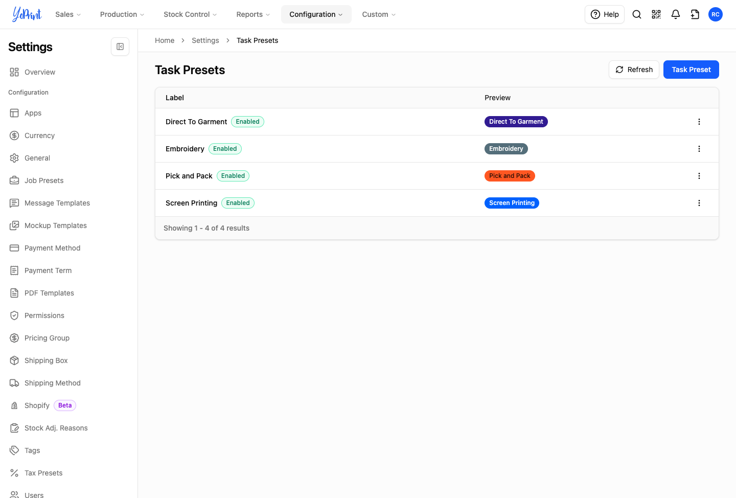 The Screen Printing preset shown in blue in the Preview column