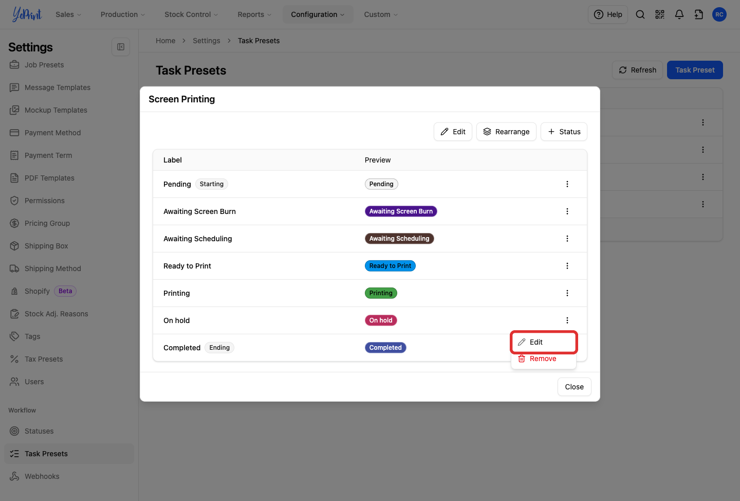 The On hold status menu, with Edit highlighted