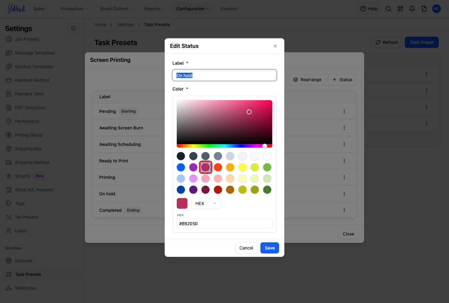 The status color picker, with the rose swatch highlighted