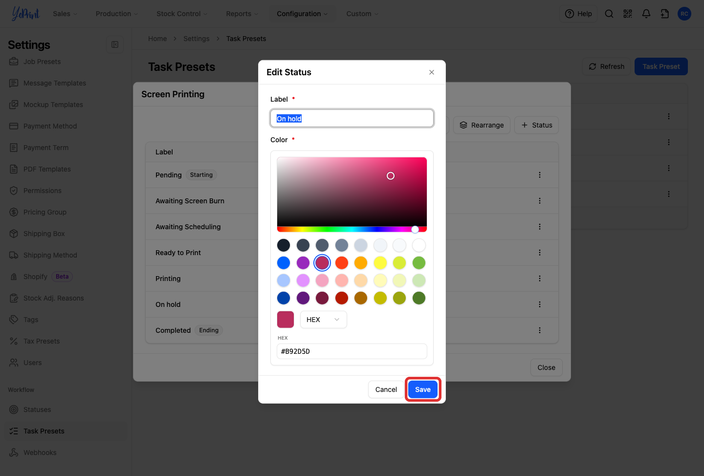 Save highlighted on the status color form