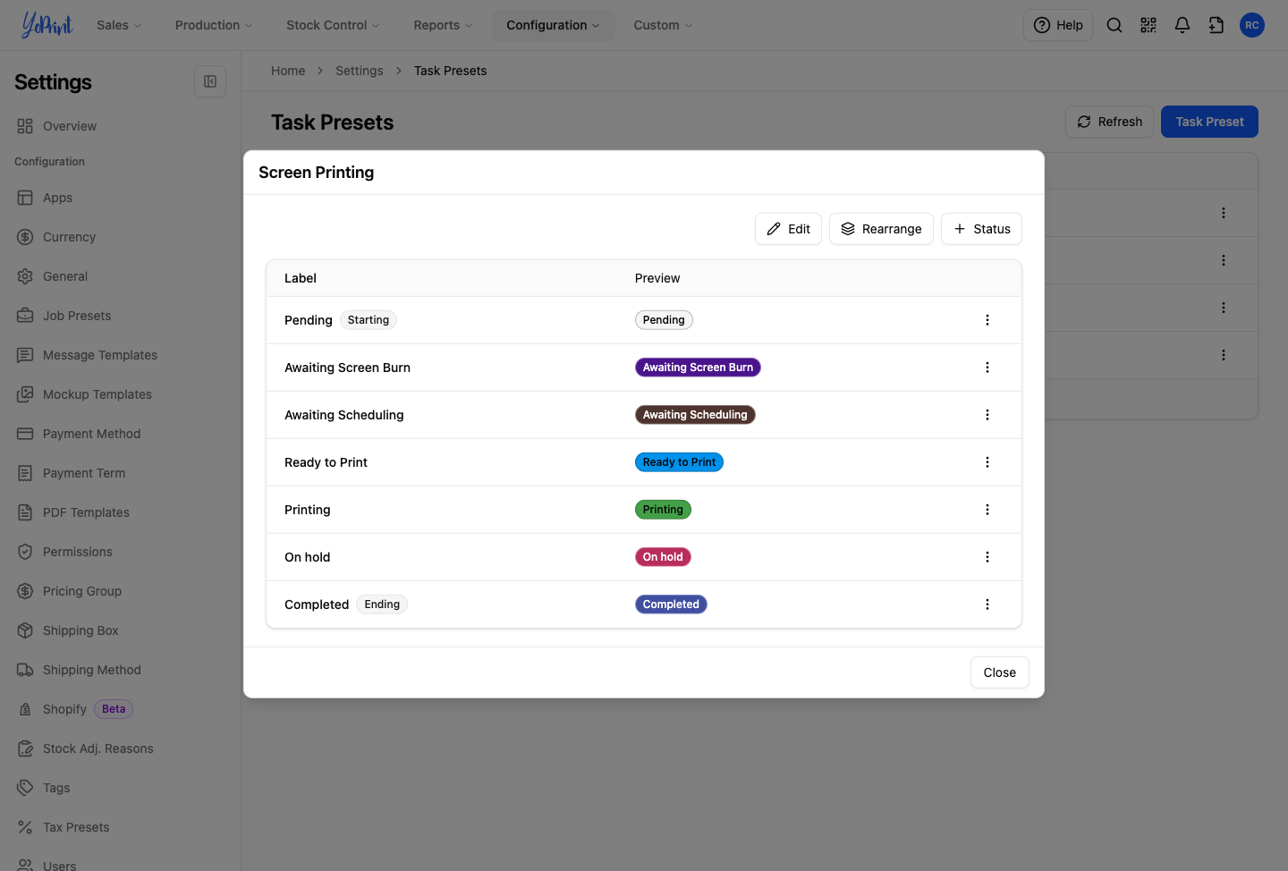 On hold shown in rose in the status Preview column