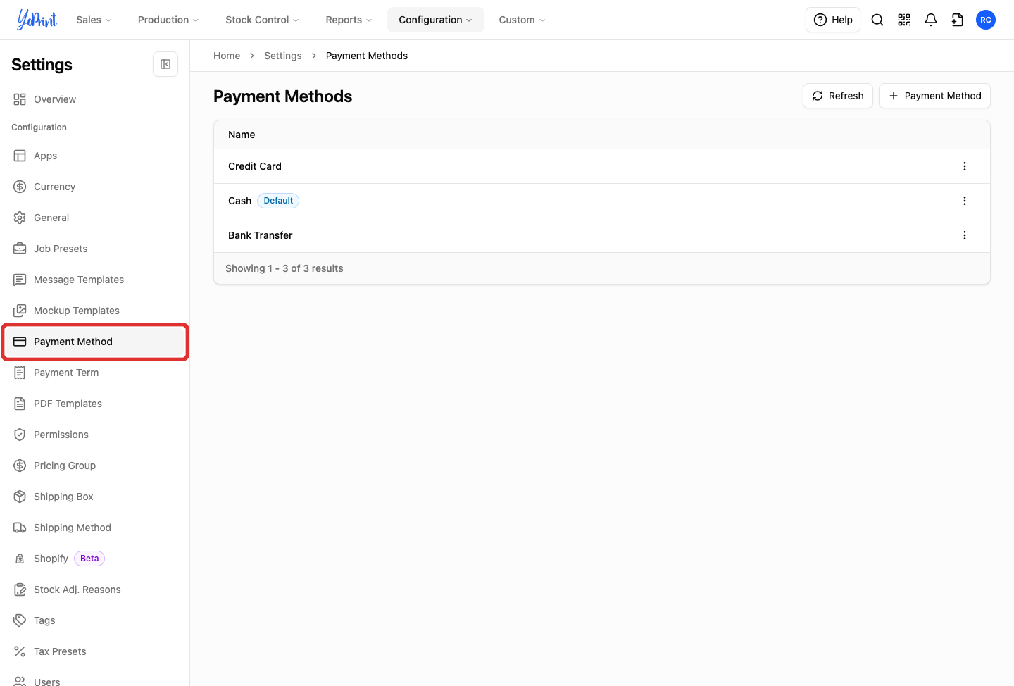 Payment Method in the settings sidebar