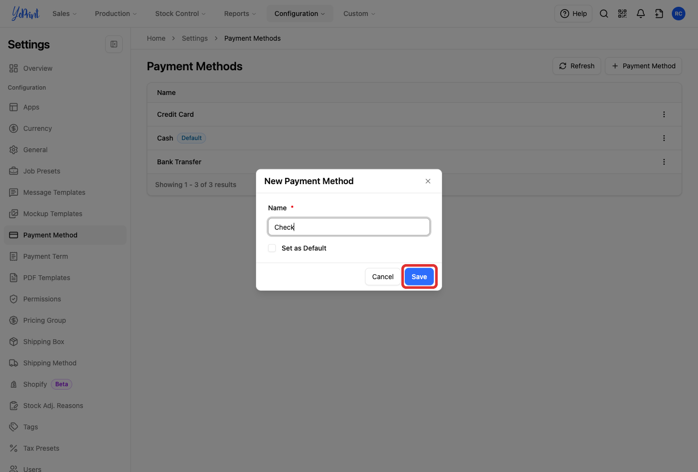New Payment Method, with the name and Set as Default