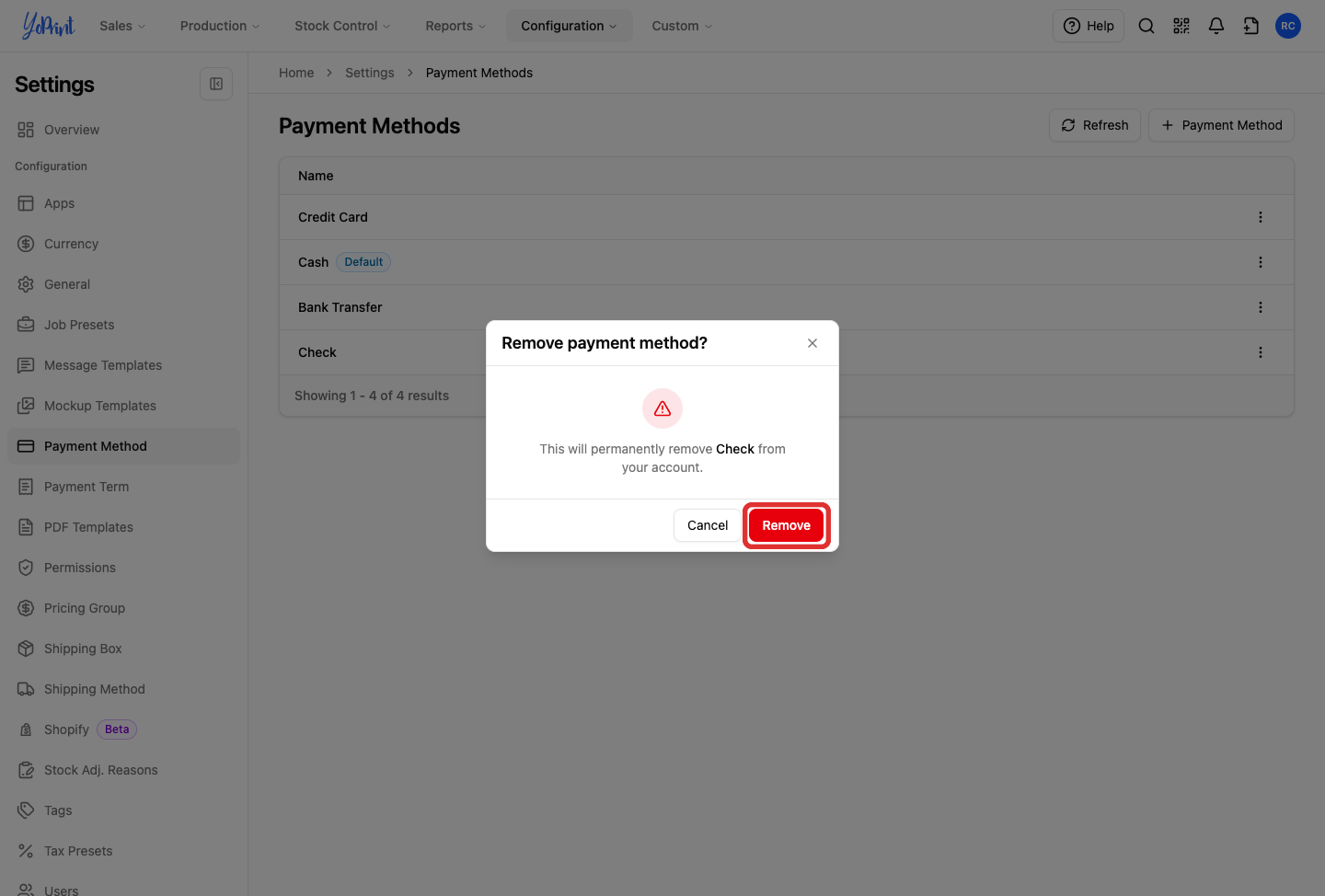Remove payment method confirmation