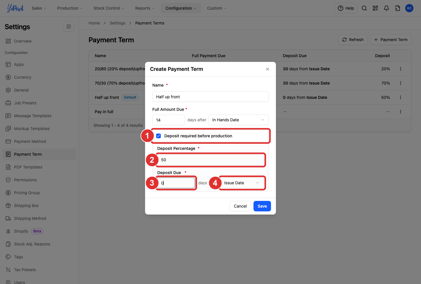 Deposit required before production, the percentage, and the deposit due days