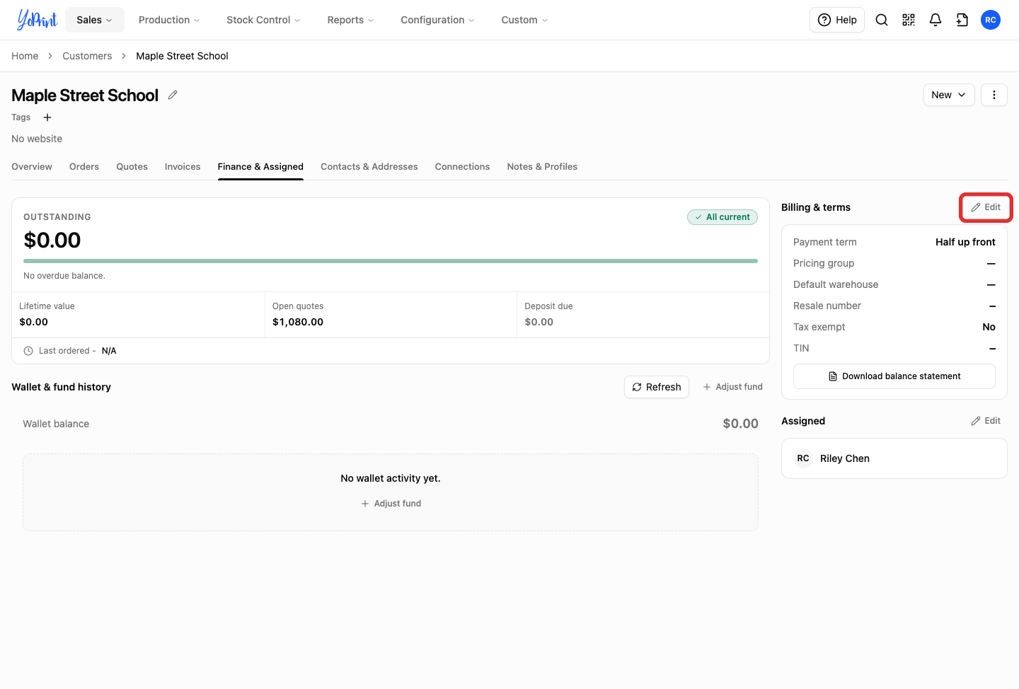 Edit beside Billing and terms