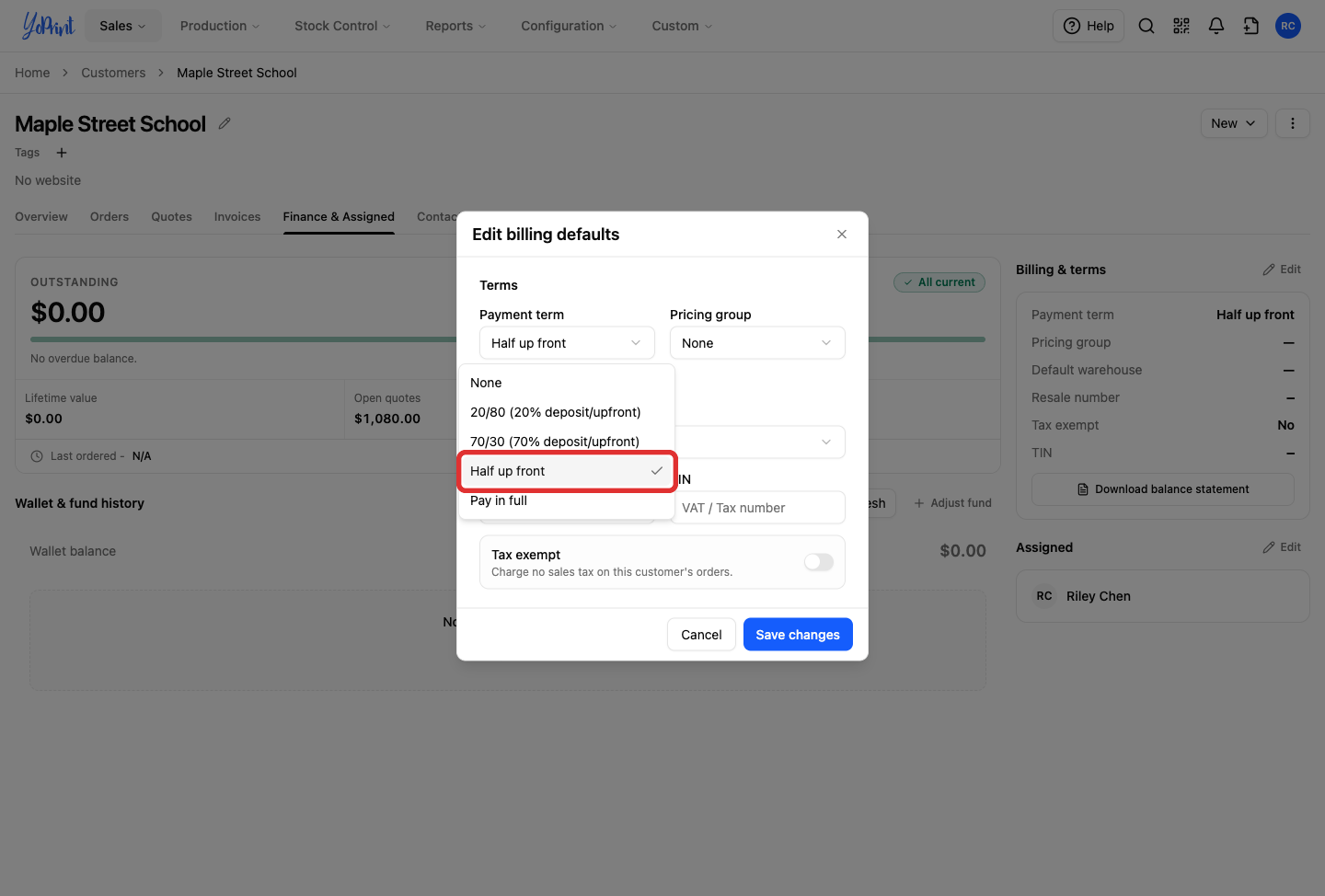 The customer's payment term choices