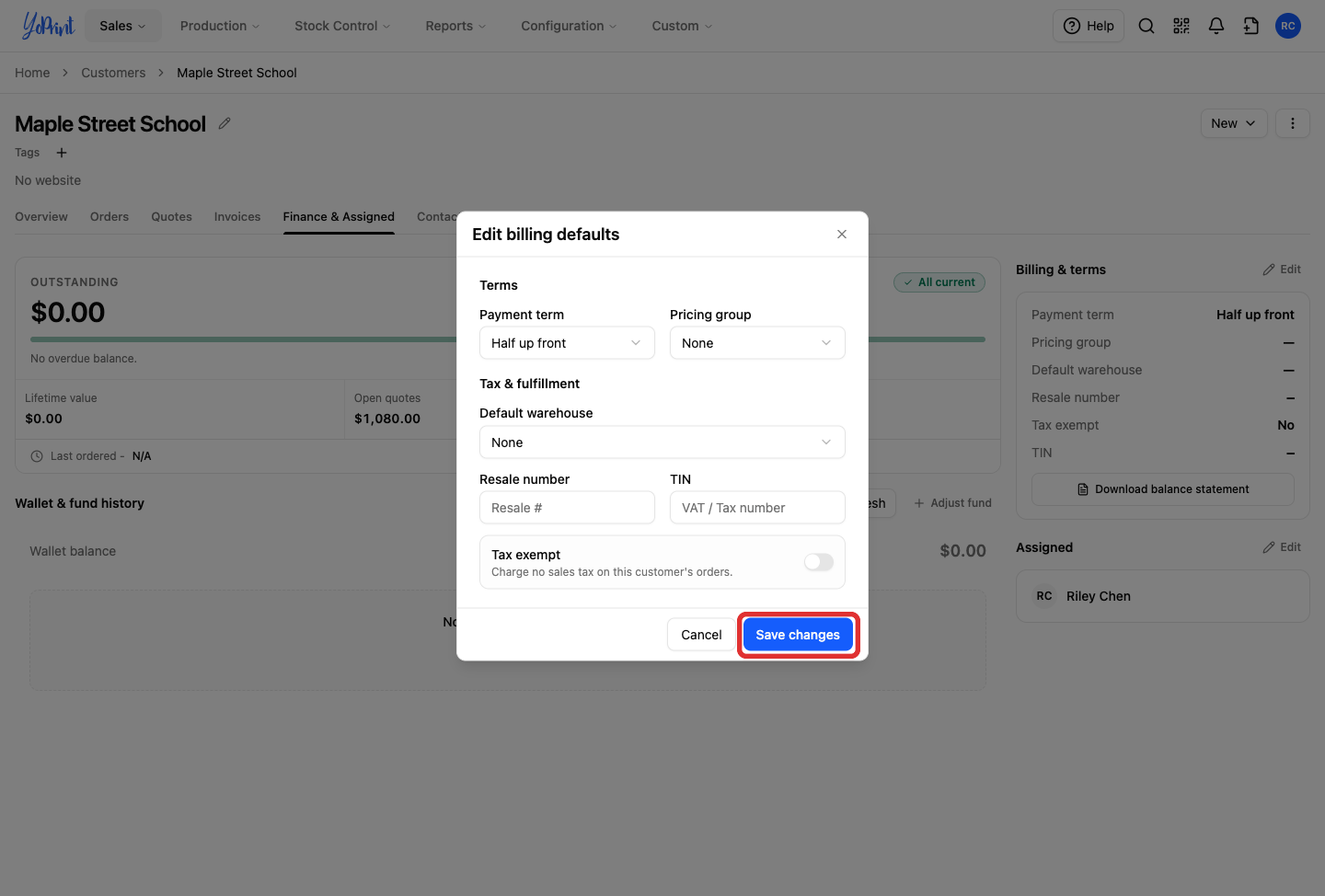 Save changes on billing defaults