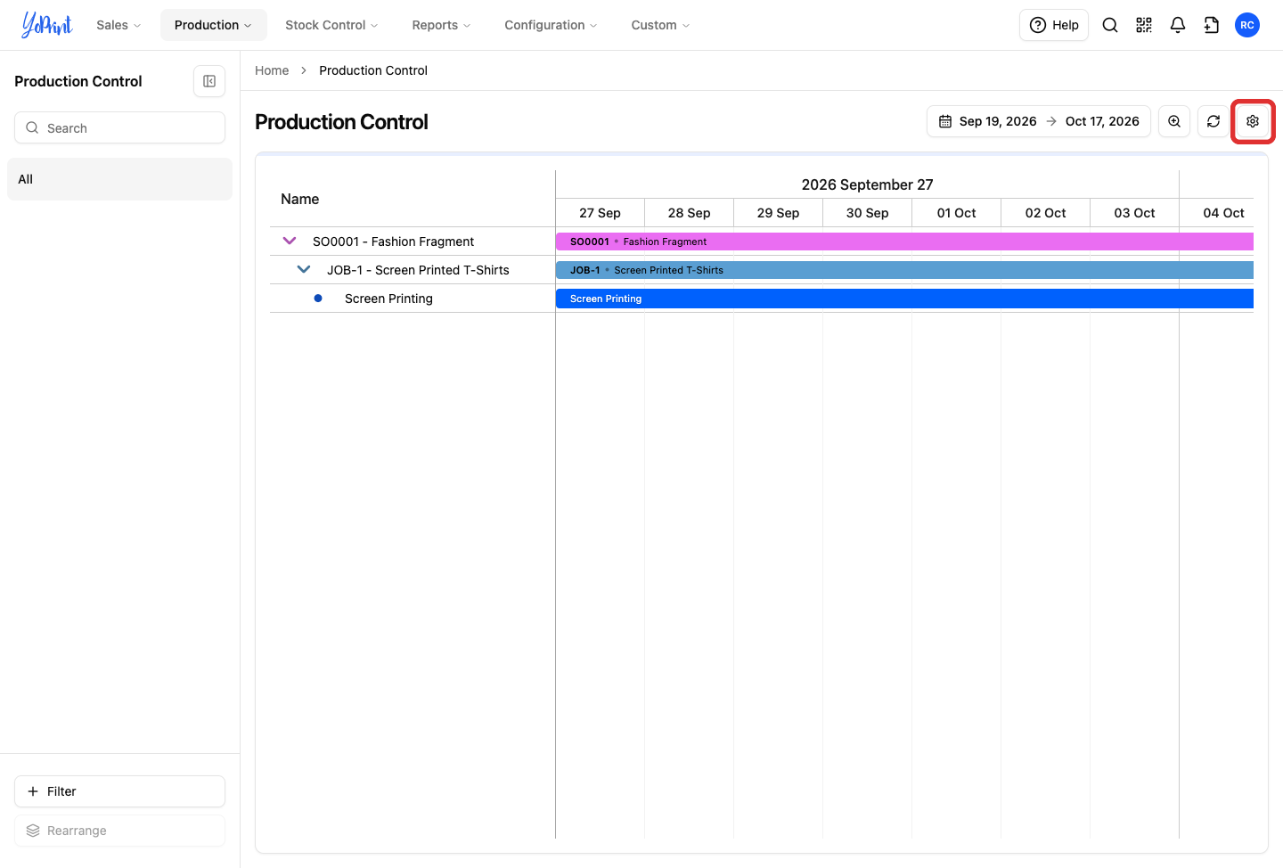 The gear for Production Control Settings, highlighted