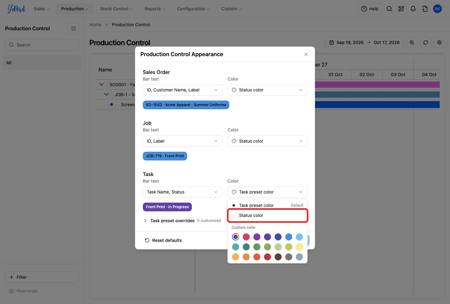 Status color highlighted in the Task color menu