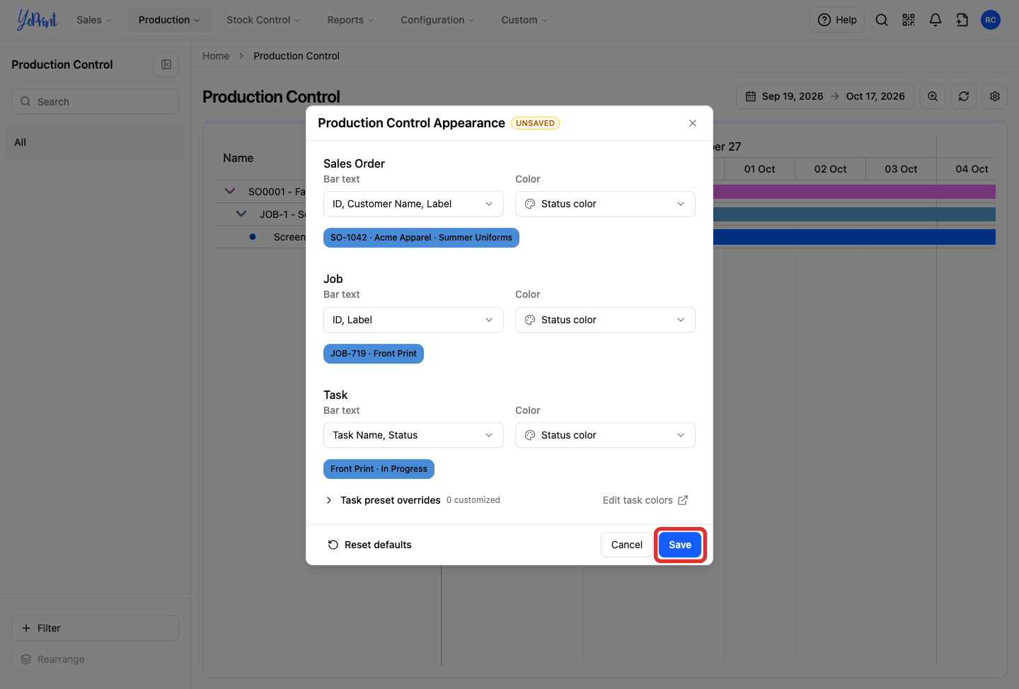 Save highlighted in the appearance dialog