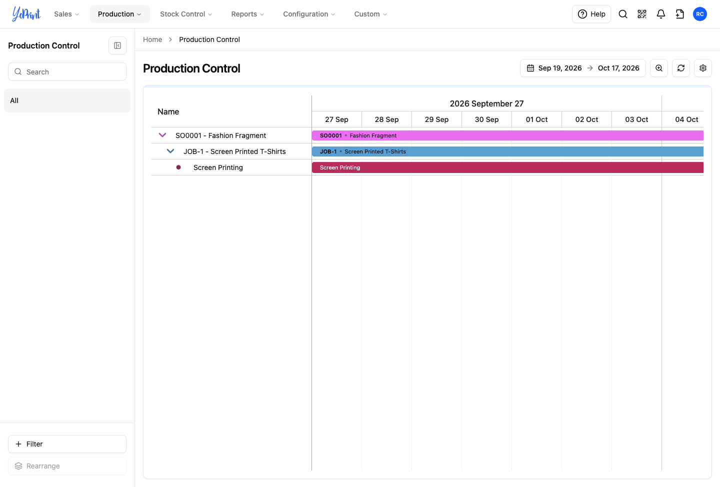 The task bar on Production Control shown in the status color